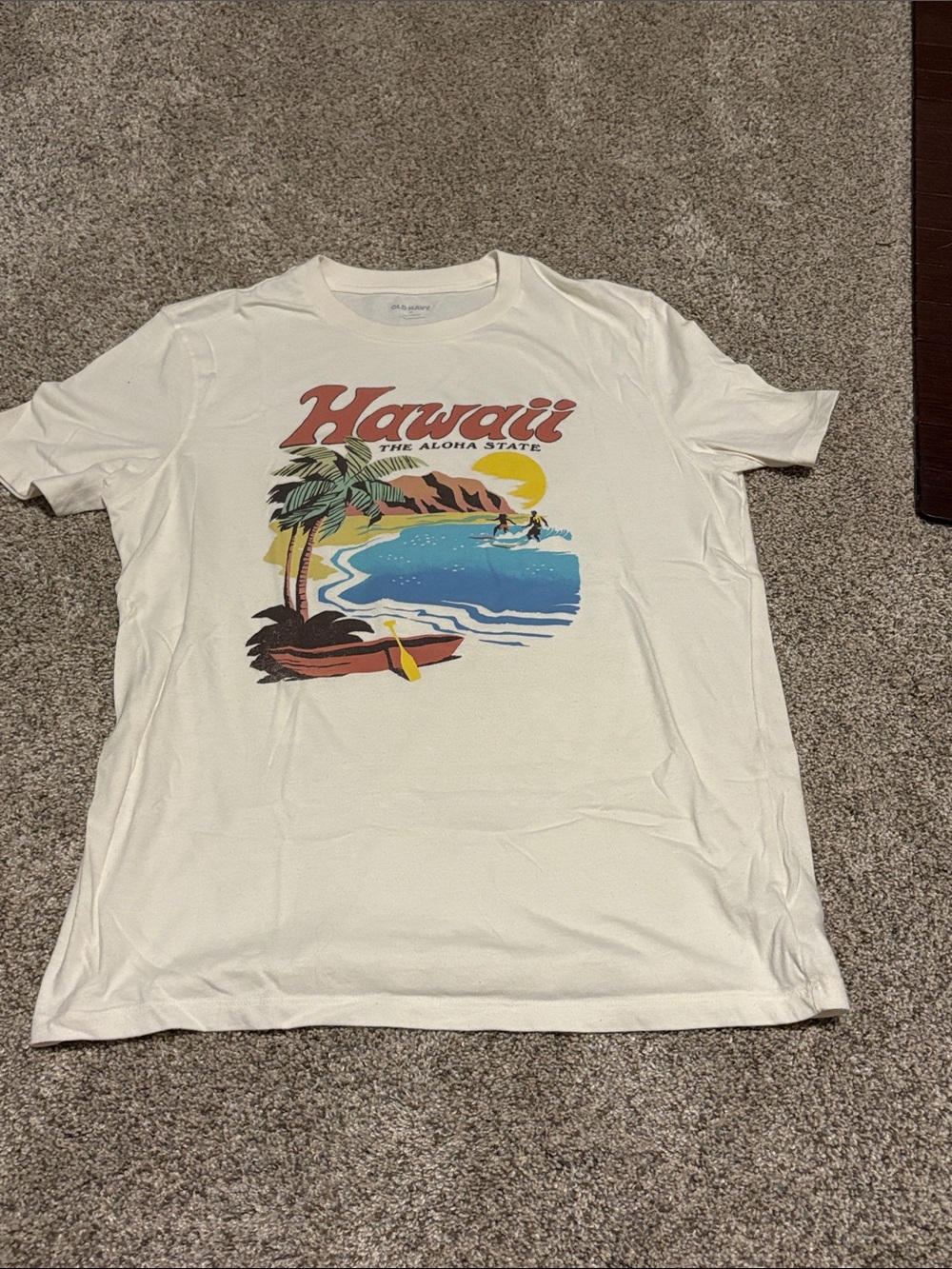 Old Navy Cream Graphic Hawaii Crew Neck Tee with Blue and Red Print
